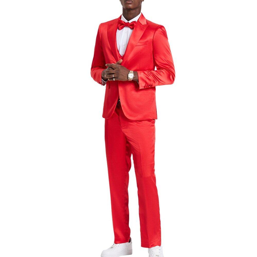 Red Satin Textured Peak Lapel 3 Piece Skinny Fit Tazzio Men's Suit